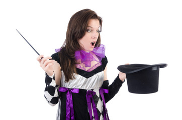 Woman magician isolated on the white