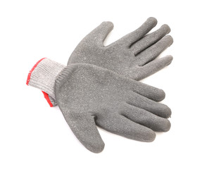 Pair of gray rubber gloves.