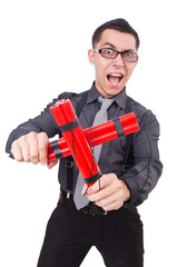 Businessman with dynamite isolated on white