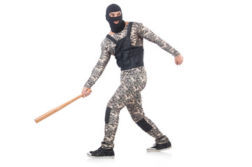Soldier with baseball bat isolated on white