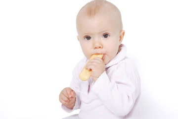 niemowlę jedzące biszkopt na białym tle - obrazy, fototapety, plakaty