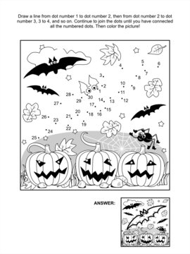 Dot-to-dot and coloring page - Halloween bat
