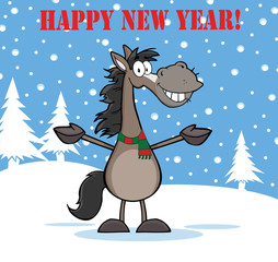 Happy New Year Greeting With Grey Horse Over Winter Landscape