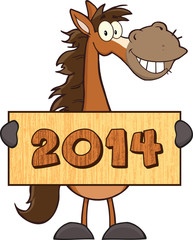 Horse Cartoon Mascot Character Holding A Wood Banner With Text