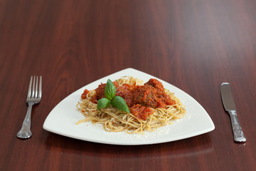 Front view of spaghetti and meatballs