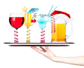 Beer with cocktail on a silver waitress tray