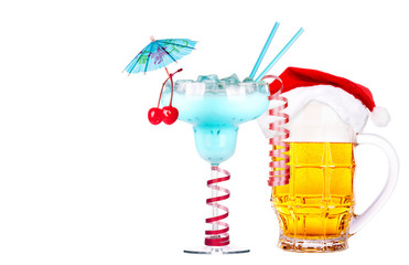 Beer with hat of Santa Claus and cocktail
