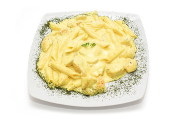 Chicken in curry sauce with macaroni