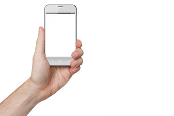 isolated male hand holding a white phone isolated