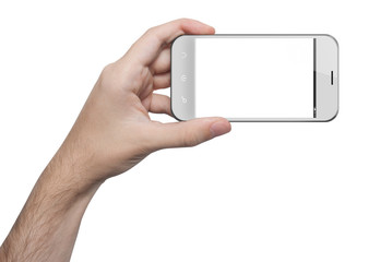 isolated male hand holding a white phone isolated screen