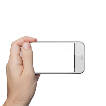 Isolated Male Hand Holding A White Phone Tablet Touch