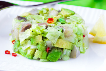 Elegant salad Tartar with herring, avocado, lettuce, restaurant