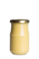 jar of mustard isolated on white background