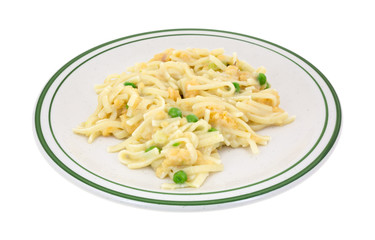 Small serving of linguine with peas on a plate