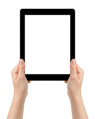 female teen hands using tablet pc with white screen