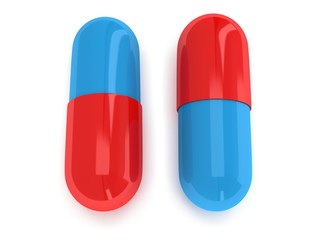 Two Half red half blue pill capsule. 3D