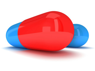 Two Half red half blue pill capsule. 3D