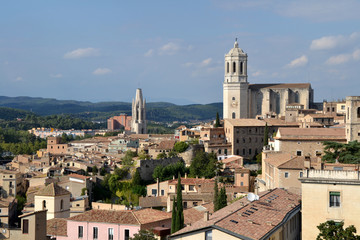 Fototapeta na wymiar Vista de la ciudad de Girona con la catedral desde la muralla