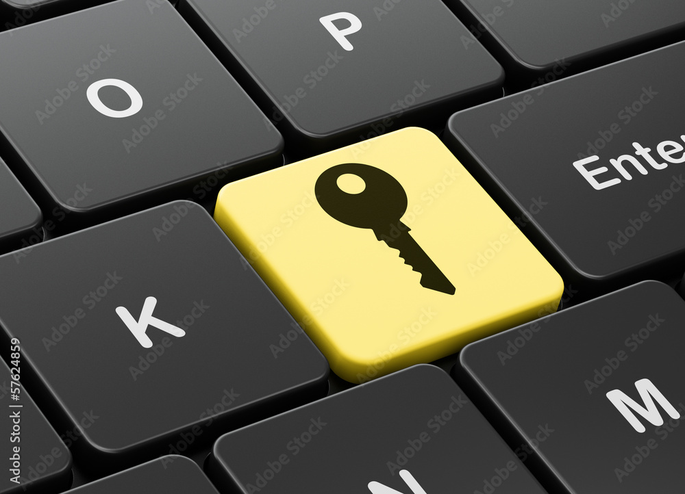 Poster safety concept: key on computer keyboard background