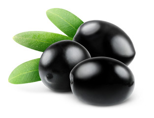 Isolated olives. Three black olive fruits with leaves isolated on white background