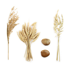 Grains and decorative stones, on white background