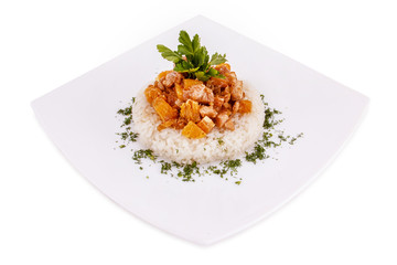 chicken  with orange in a  steamed rise