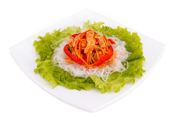 Funchoza Salad on lettuce leaves