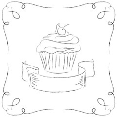 Black and white drawing of a cupcake