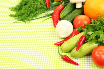 Cooking concept. Groceries on tablecloth background