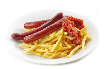 french fries and grilled sausages