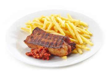 Grilled pork meat and french fries