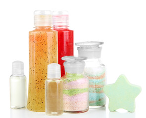 Aromatic salts in glass bottles and body scrubs, isolated