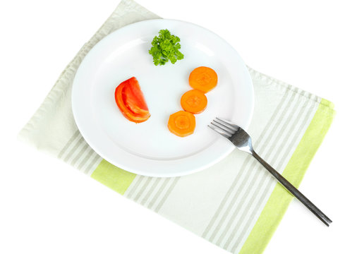 Small Portion Of Food On Big Plate Isolated On White