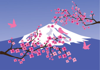 vector cherry blossom with birds and mountain Fuji