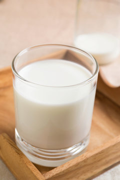 Glass of milk in wooden box and bottle
