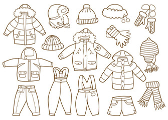 collection of winter children's clothing (coloring book)