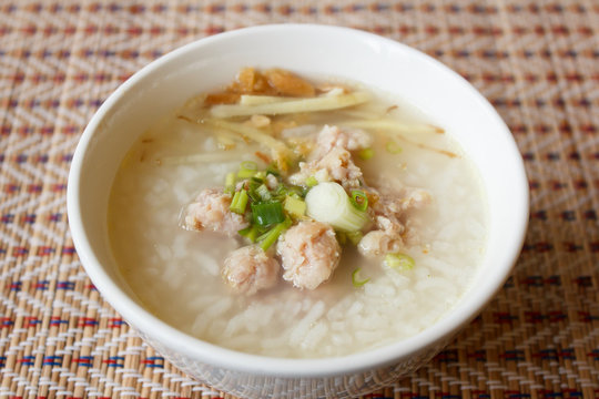 rice soup with pork on mat