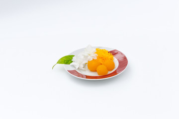 Golden fibers and golden drops, Thai desserts on white backgroun