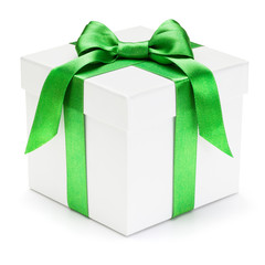 Gift box with green ribbon and bow.