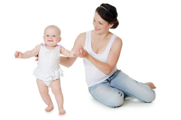 happy mother with baby over white