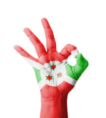 Hand making Ok sign, Burundi flag painted