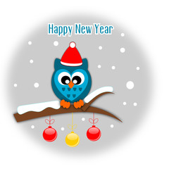 Happy new year greeting card with owl in santa hat