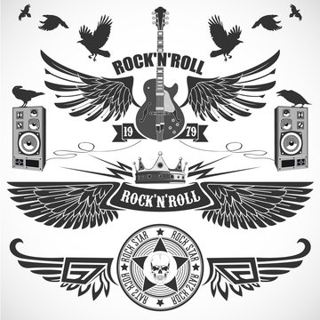Rock n 'Roll set of symbols with wings