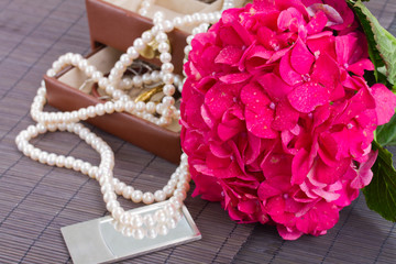 pink hortensia flowers and jawel box