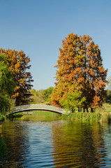 Vintage Bridge Over Lake With Late October Autumn Colors
