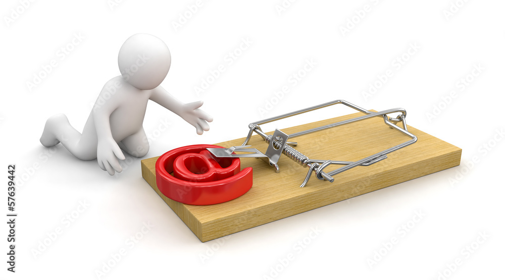 Poster man and mousetrap with e-mail (clipping path included)