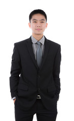 Portrait of young business man against white background