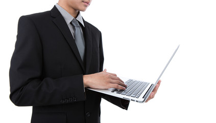 Business man with laptop against white background