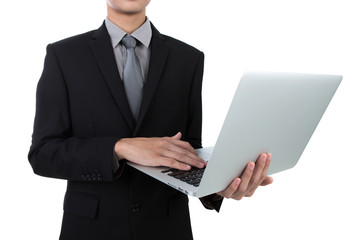 Business man with laptop against white background