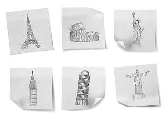 Drawing travel around the world on white note papers  (France,It